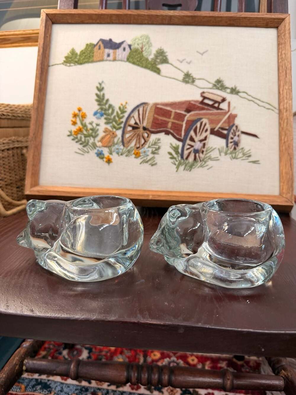 Clear Glass Sleeping Cat Figurines Tea Light Candle Holders Set of 2
